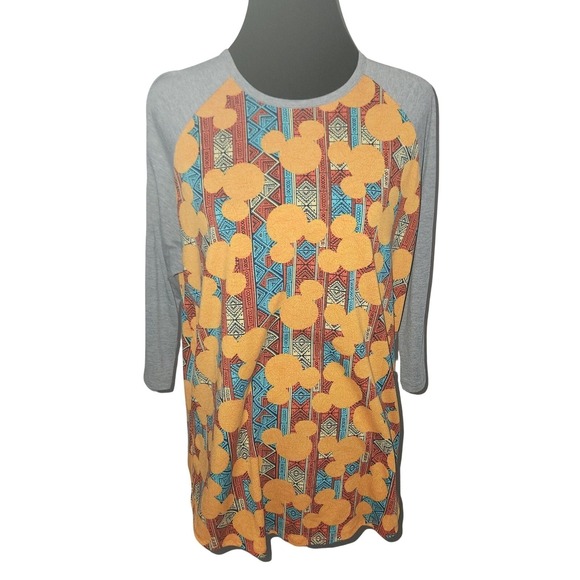 LuLaRoe Tops - LuLaRoe‎ XL Disney Mickey Mouse Print Raglan Tee Gray Orange Blue Tribal